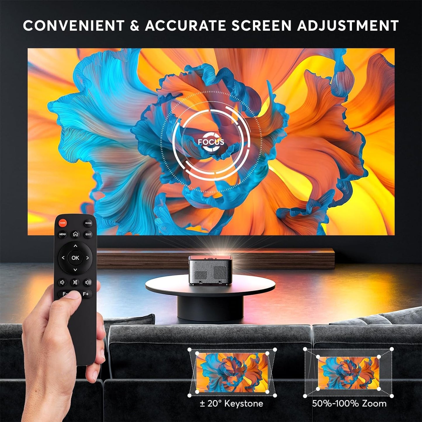 [2S Focus with Remote]  4K Projector, Native 1080P Bluetooth Projector, Portable Outdoor Movie Projector, Mini Projector for Home Theater, Compatible with Smartphone,Hdmi,Usb,Tv Stick